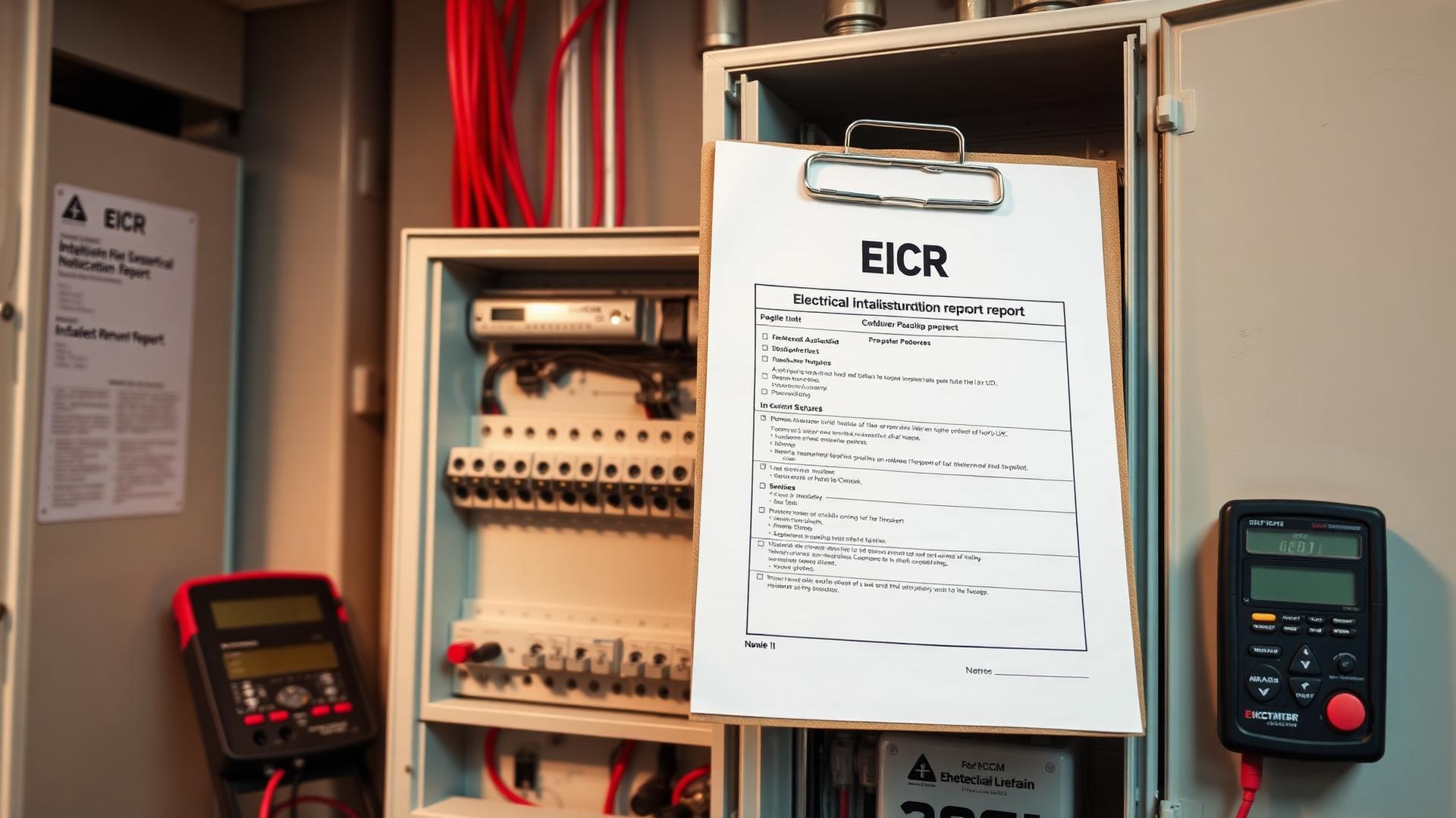 EICR electrical installation condition report and testing equipment beside a consumer unit